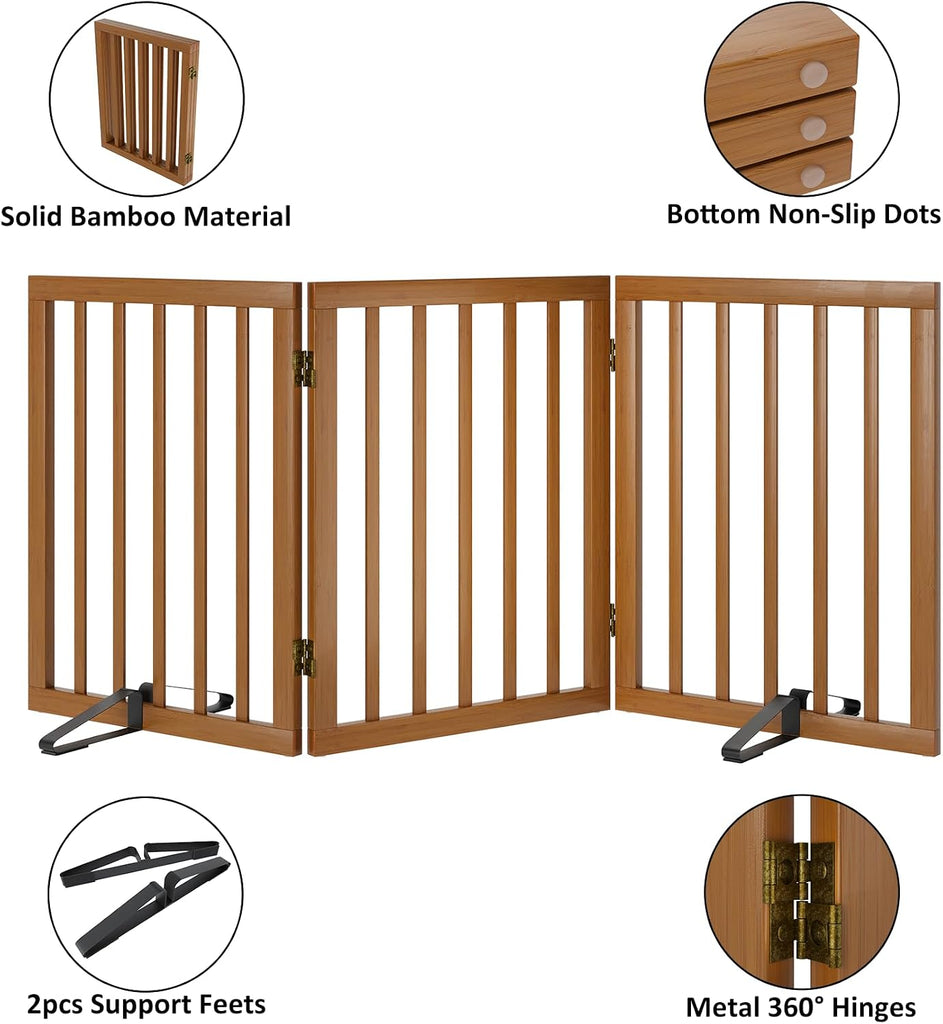 Freestanding Pet Gate Foldable Dog Gate (55 inches Wide) Walnut Bamboo Dog Gates for Stairs Doorways House (2 Support