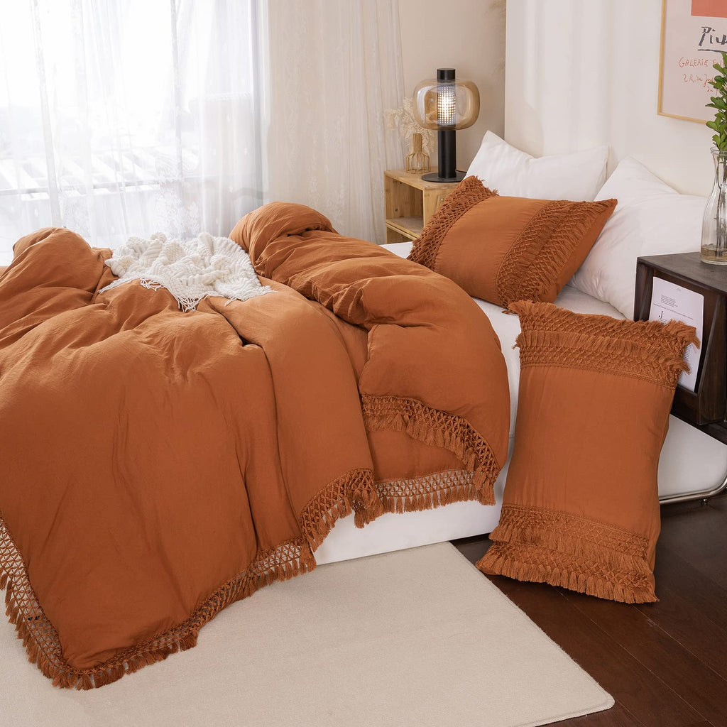 Rust Tassel Pillowcases, Burnt Orange Boho Pillow Cases Set of 2, 100% Washed Microfiber, Boho Hand-Made Tassel