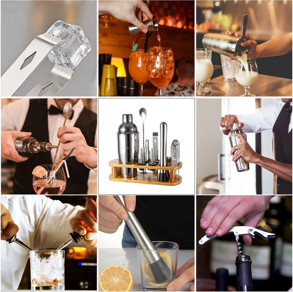 12-Piece Cocktail Shaker Set with Stand - 25oz Bartender Kit Including Shaker Jigger Muddler Bar Spoon Strainer Tongs - Set of 12