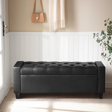 Ottoman with Storage, PU Leather Storage Ottoman Bench | Storage Bench with Safety Hinge,Bedroom Benches with Seating