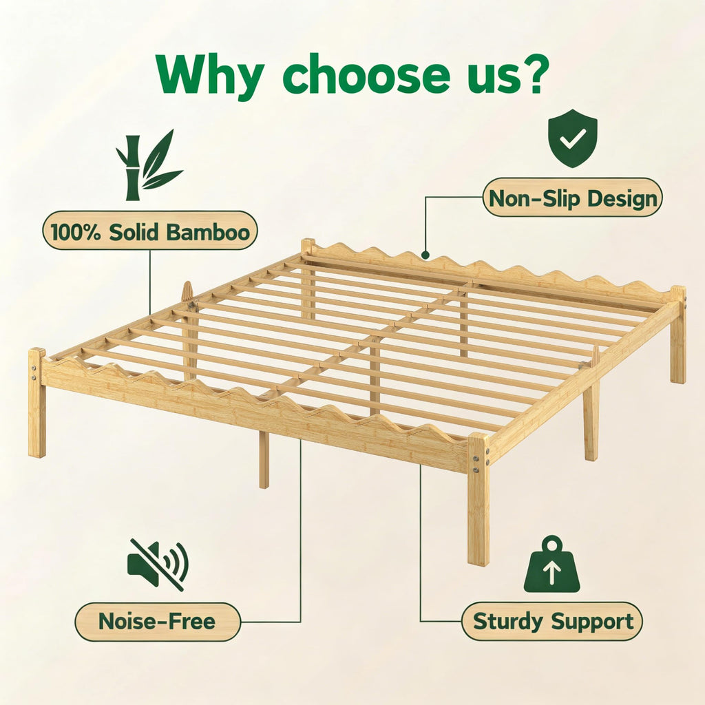 14 Inch Solid Wood Twin XL Size Platform Bed Frame, Heavy Duty Farmhouse Style Bamboo Twin XL Bed Frame No Box Spring