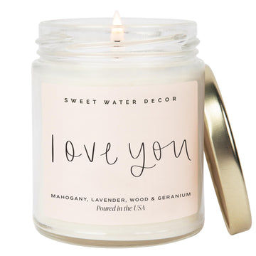 Love You Scented Candle, Non Toxic Soy Candles with Fresh Lavender, Geranium, Warm Mahogany and Earthy Teakwood, 40