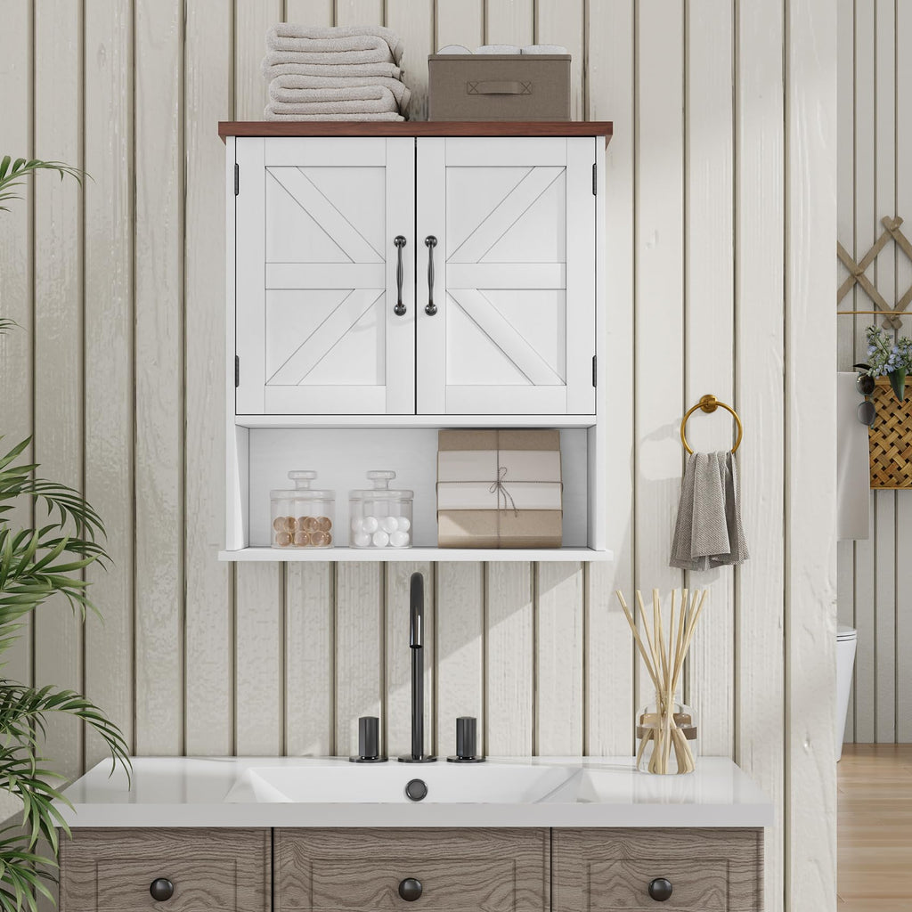 Bathroom Wall Cabinet with Barn Doors, Wall Mounted Bathroom Cabinet, Farmhouse Style, Adjustable Shelf, Wall Mounted