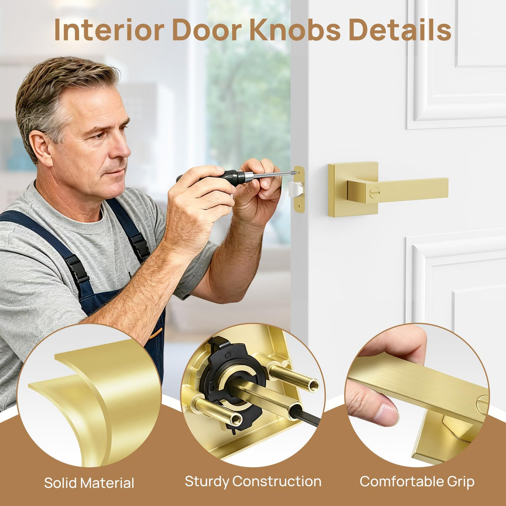 2 Pack Gold Privacy Door Knobs, Modern Keyless Door Handles Interior, Door Locks s, Bathroom, Heavy Duty Zinc Alloy