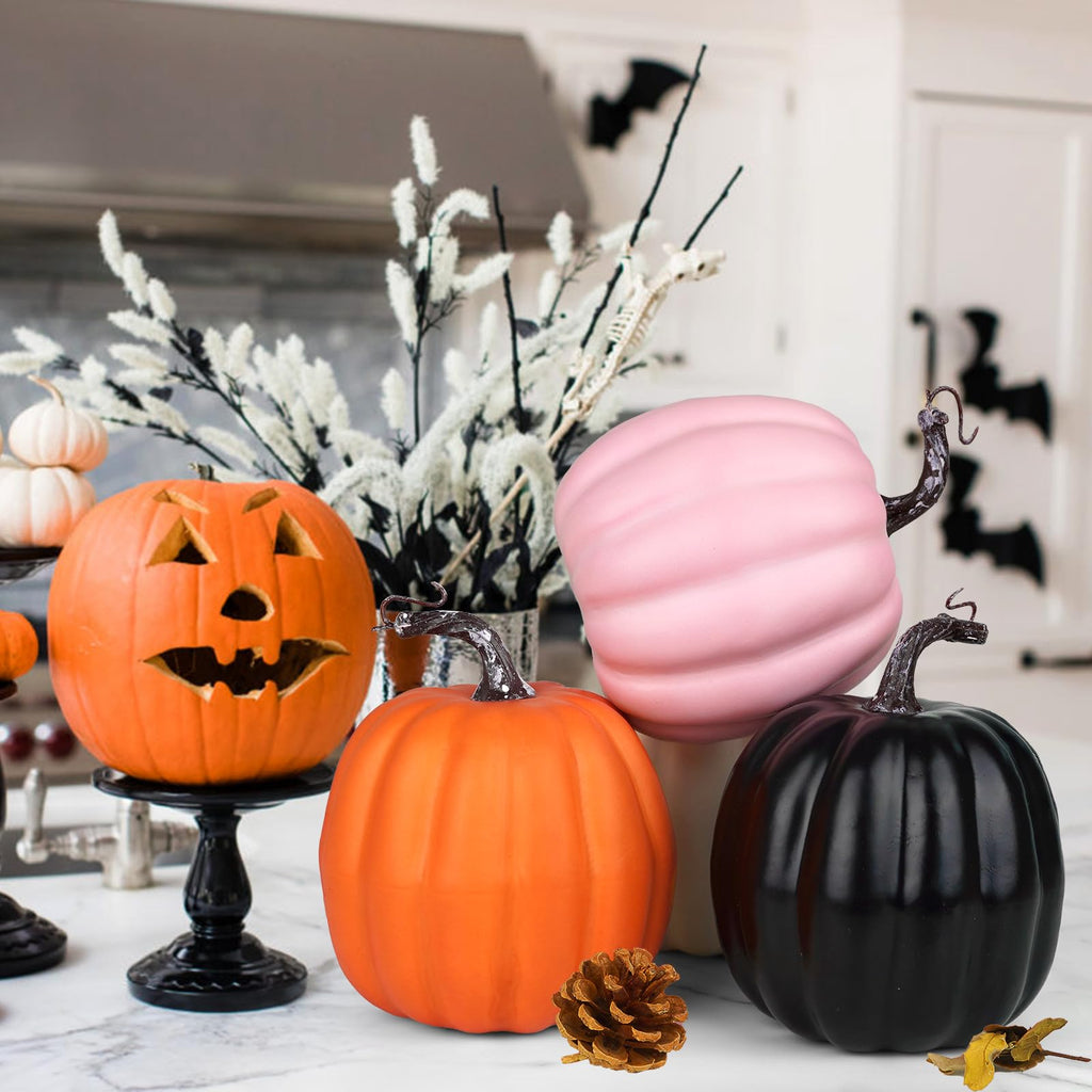 6 Inch Large Artificial Pumpkins, 4PCS Big Colorful Pumpkins Faux Foam Harvest Pumpkins for Fall Autumn Thanksgiving