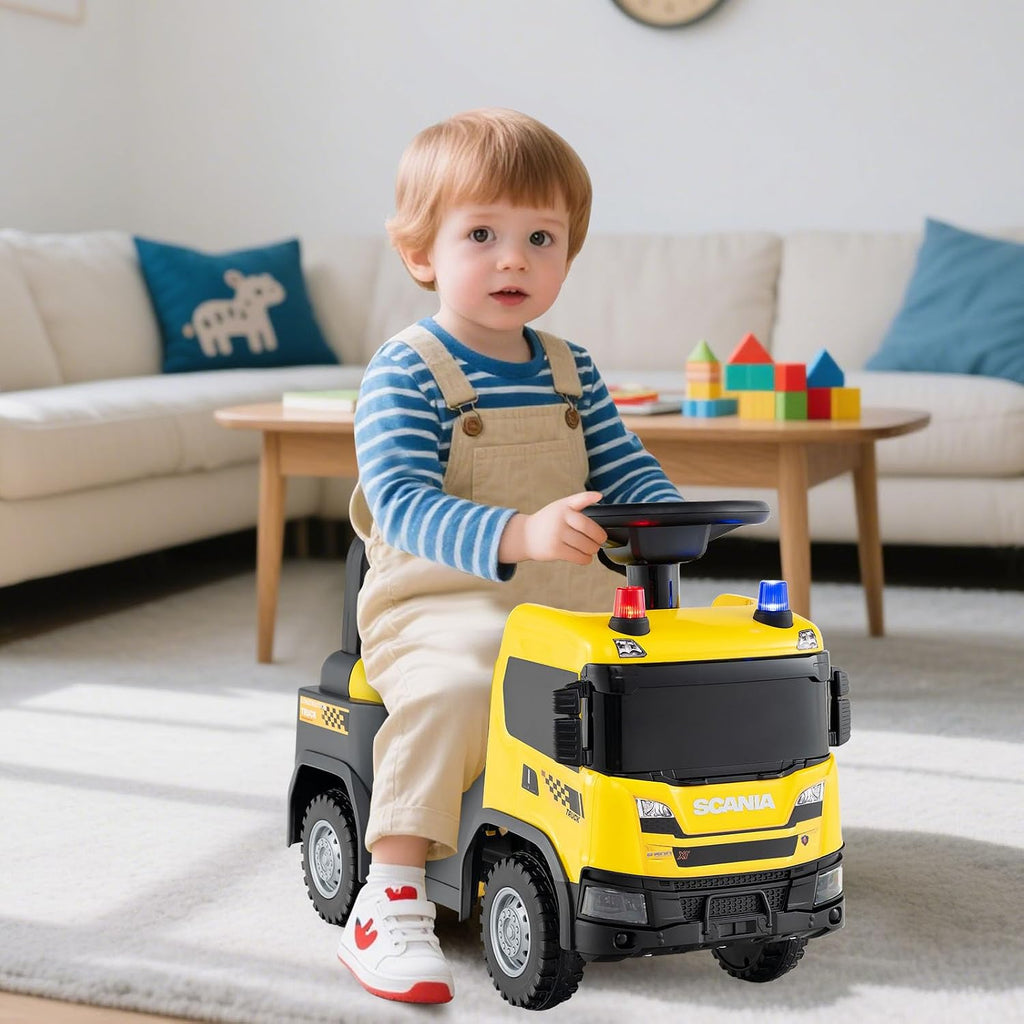 Ride On Construction Vehicle for Kids, Licensed Scania Push Car, Light & Sound, Under-Seat Storage, No Power