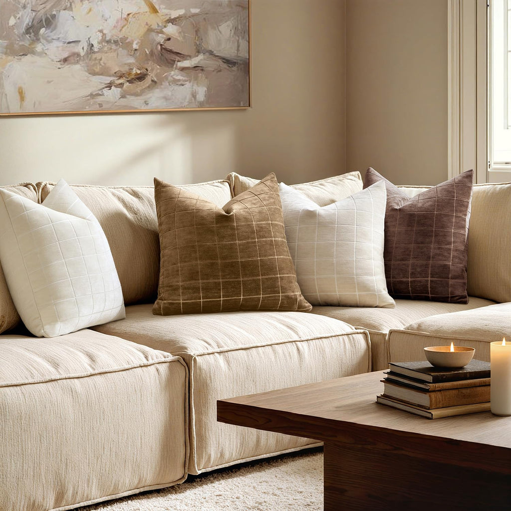 Toffee Plaid Decorative Fall Throw Pillow Covers 20x20 Set of 2