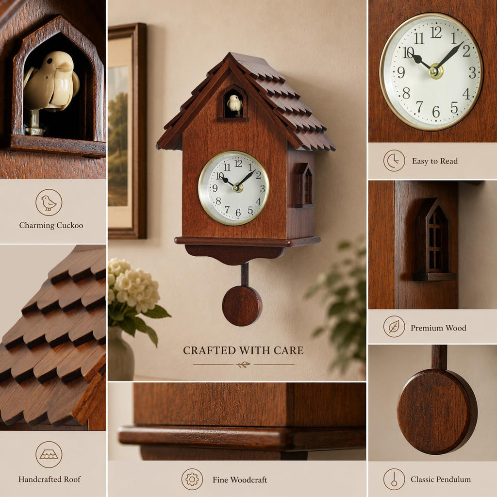 14-Inch Handcrafted Modern Cuckoo Clock for Wall with Hourly Chime, Wooden Pendulum, Moving Cuckoo Bird and Automatic