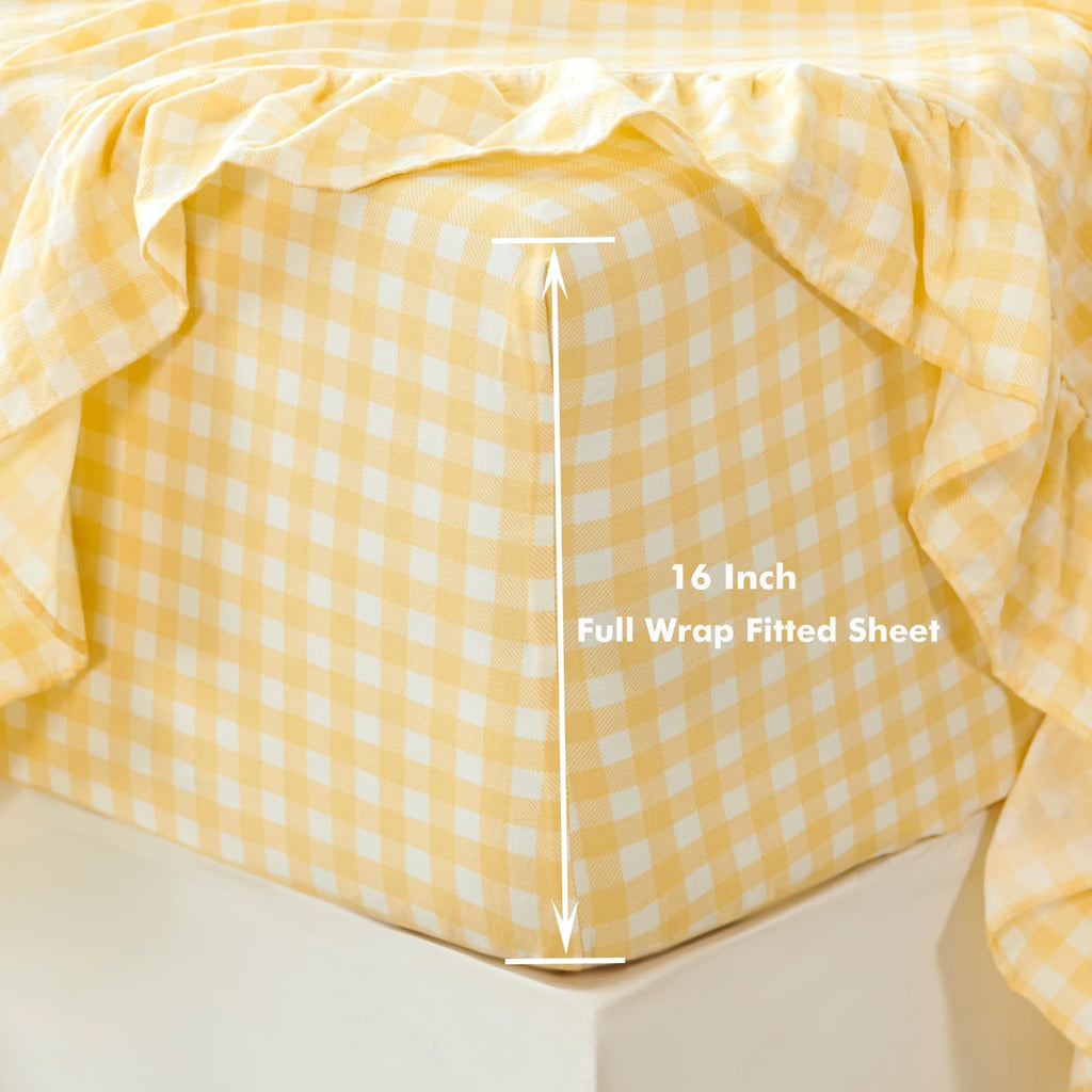 3Pcs Yellow Plaid Ruffled Bed Sheet Set with 1 Pillowcase