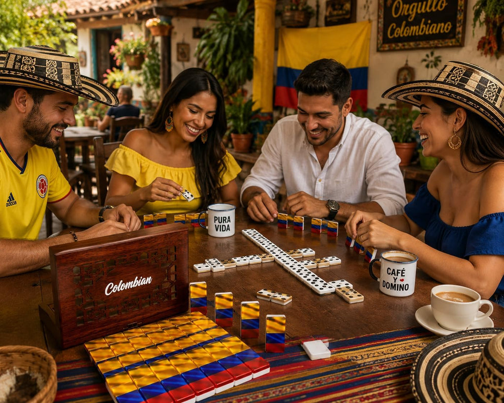 Colombian Premium Edition Dominoes Set Deluxe - Double Six Domino Tiles with Colombia Flag Design - Resin & Clear Top