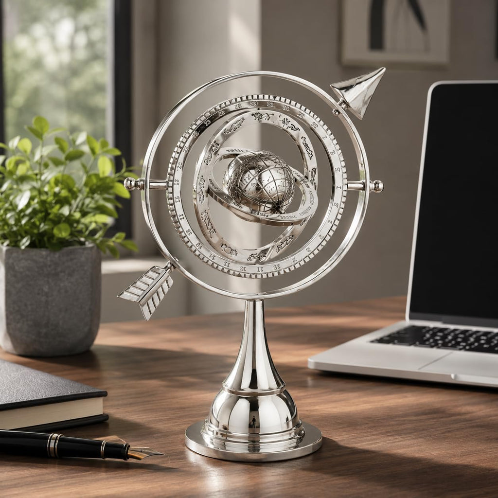 Silver Armillary Sphere Desk Decor - Celestial Globe Astrolabe with Arrow Design, Decorative Antique Showpiece Table.