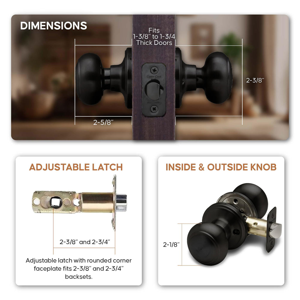 Creek Colonial Passage Interior Door Knob - ANSI Grade-3 Certified, Modern Heavy Duty Handle, Easy Install and