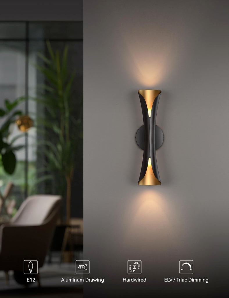 Wall Sconce, Modern Dimmable Hardwired Wall Light Black&Gold 15.7"