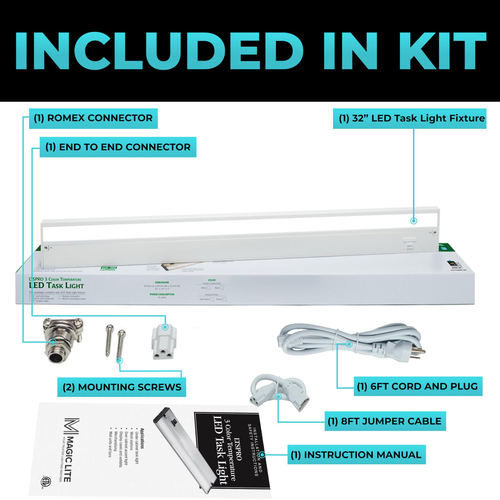 LED Under Cabinet Lighting Hardwired - 3CCT 32 Inch White Finish - Undercabinet Lights - Linkable Undercounter