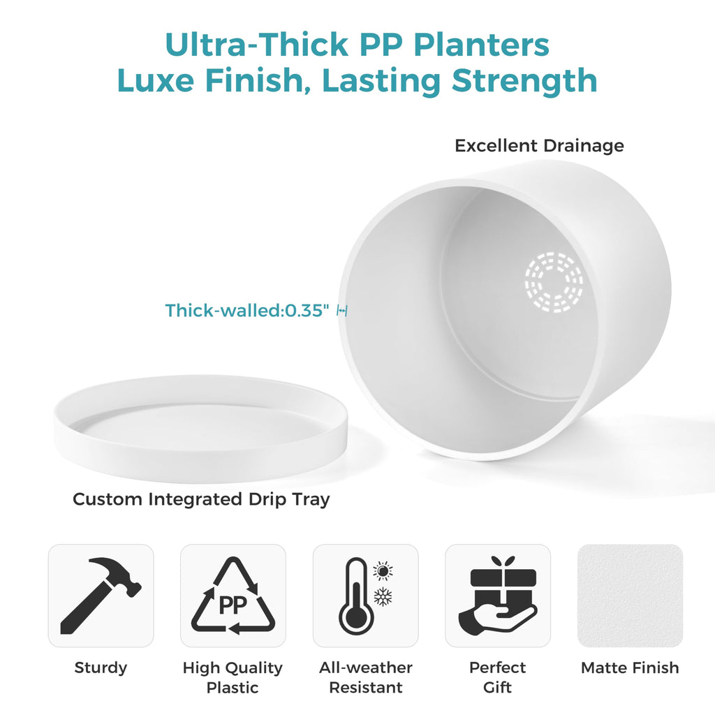 14-Inch Large Modern Cylinder Planter, Thick-Walled Plastic Plant Pot with Drainage Holes and Detachable Saucer