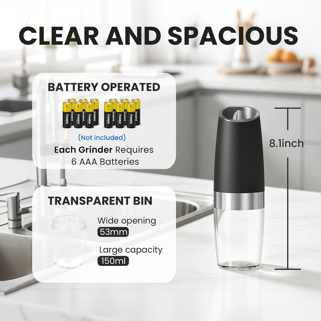 Battery Operated Gravity Salt And Pepper Grinder Set, (Black) - Set of 2