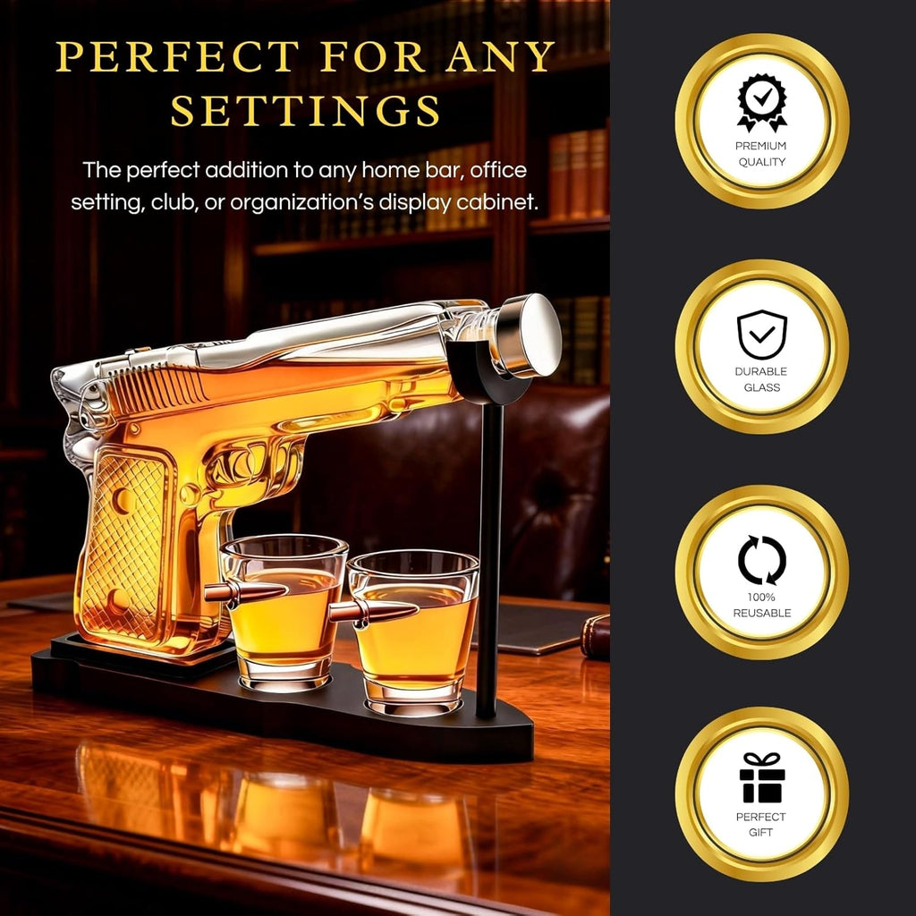 Whiskey Gun Decanter Set + 2 Bullet Glasses - Birthday Pistol Gifts for Men, Boyfriends Who Have Everything, Whiskey