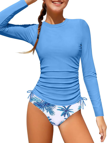 Girls Bathing Suit Two Piece Ruched Long Sleeve Rash Guard Print Design Swimsuit