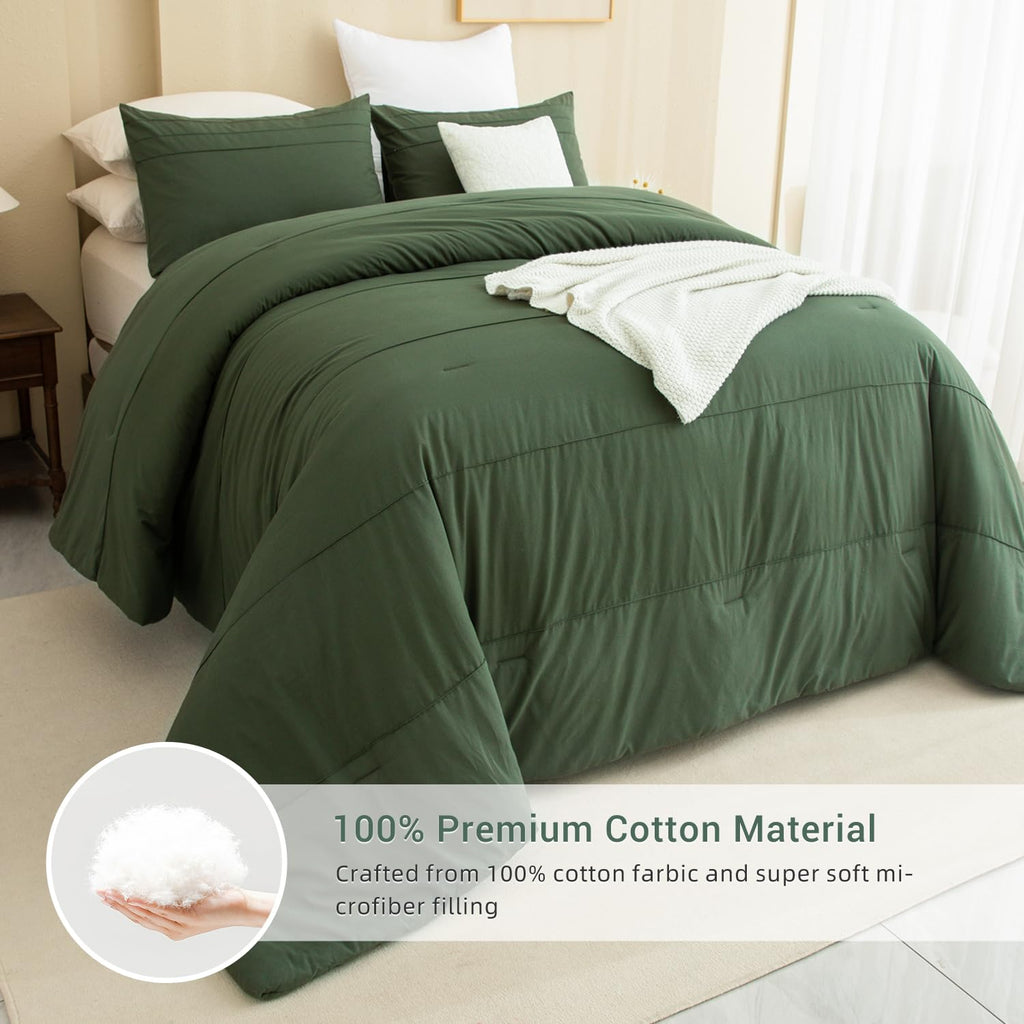 Olive Green Comforter 120"x120", Cotton Pleated Dark Green Bedding Comforter Set, 3 Pieces Lightweight