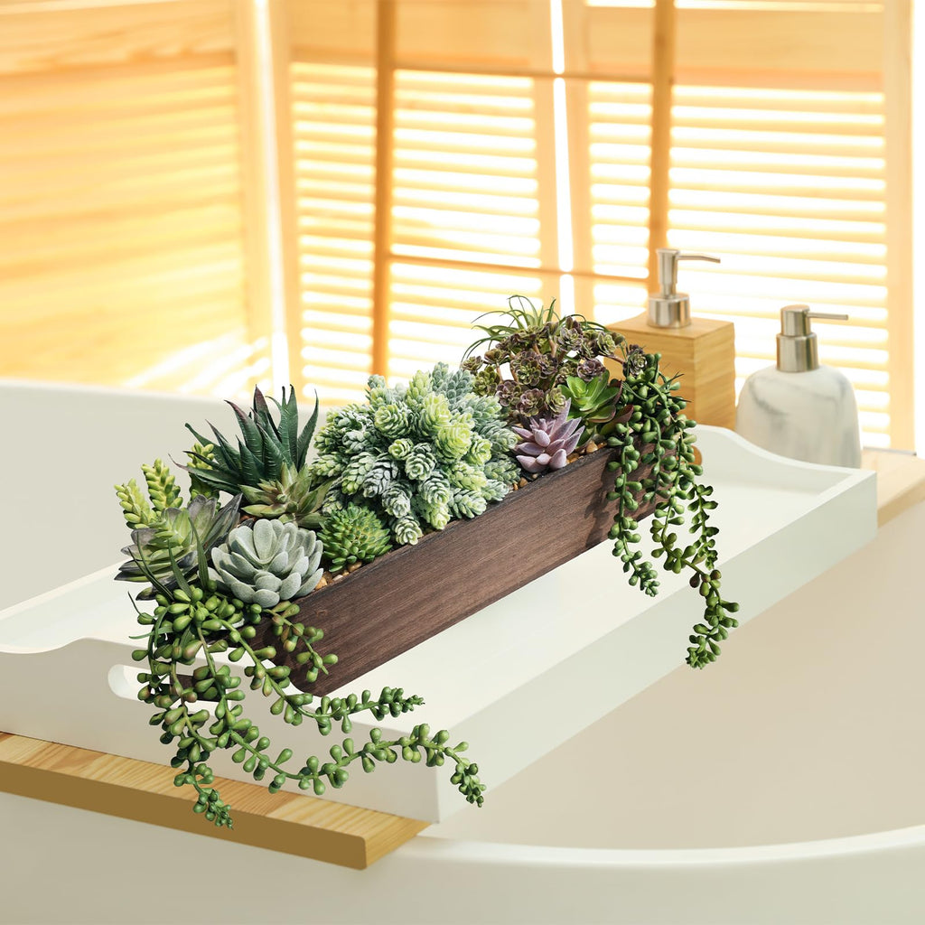 Artificial Succulent Arrangement 15" Assorted Succulents Plants in Brown Rectangular Wooden Box Faux Potted