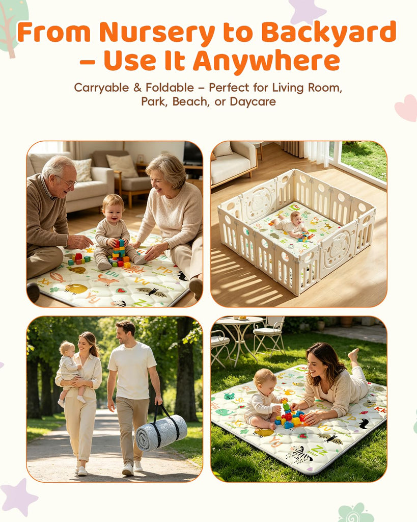 Play Mat for Floor 65"x50", Foldable Playpen Mat for Tummy Time, Thick Non‐Slip Crawling Mat with Carrying Handle