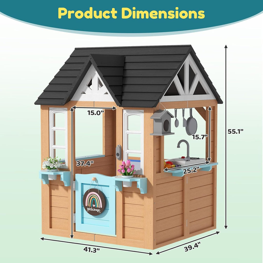 Wooden Outdoor Playhouse for Kids with Pretend Play Ages 3-8 | For Kids, Create Backyard Pretend Play with Kitchen