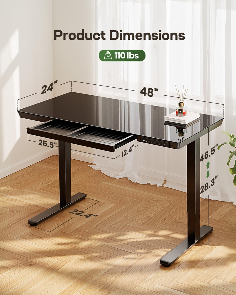 Glass Standing Desk with Drawer, 48 x 24 inch Electric Standing Desk, Height Adjustable Desk with One-Piece Tabletop