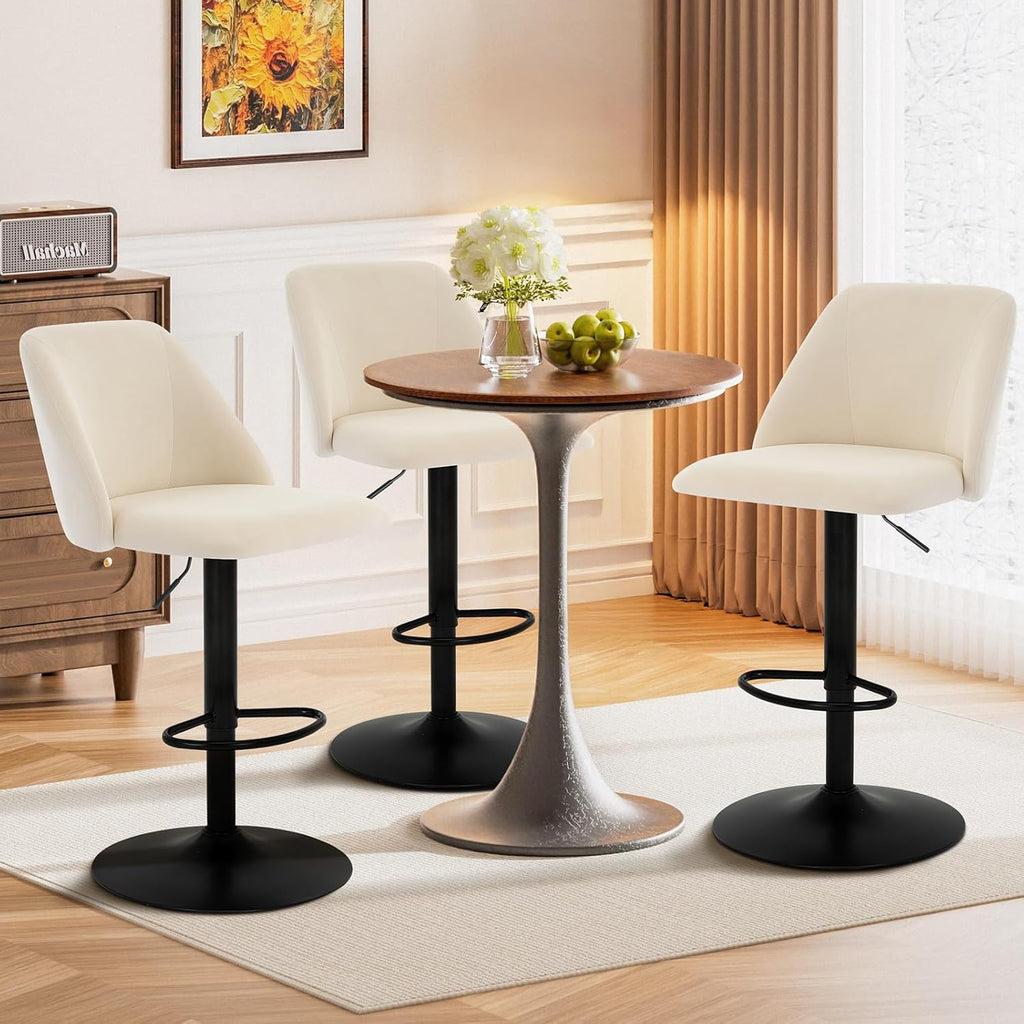 Bar Stools Set of 3, Modern Swivel Bar Chairs, Adjustable Upholstered Barstools Counter Height with Full Backrest