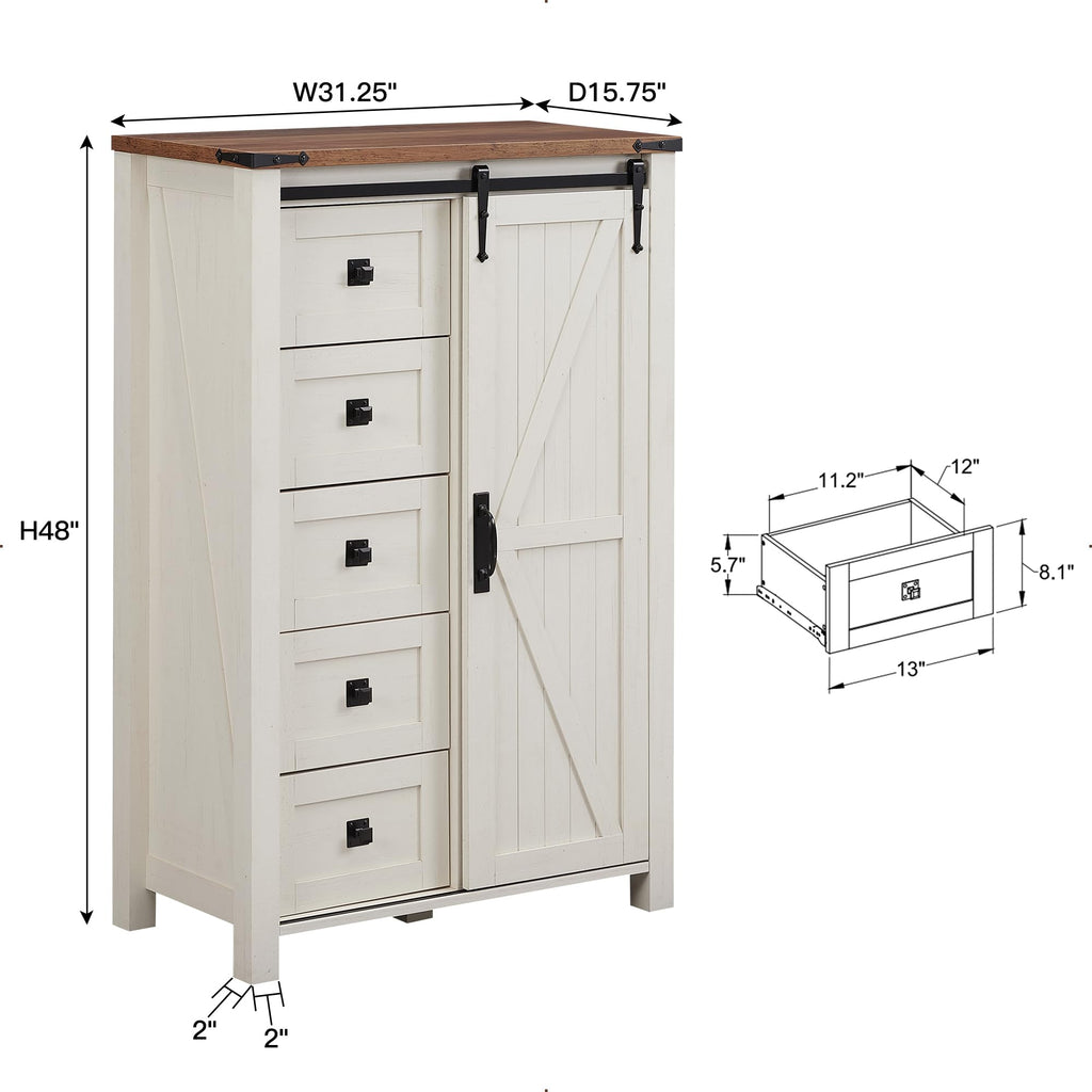 5 Drawers Dresser with Sliding Barn Doors, Antique White