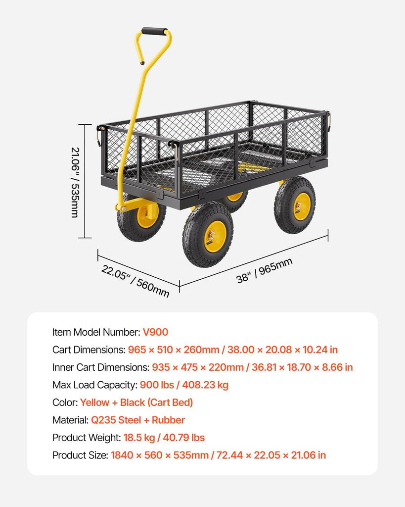 Heavy Duty Steel Garden Cart 900 lbs Garden Wagon Cart on Wheels | Outdoor Metal Yard Utility Wagon with 10" Tires