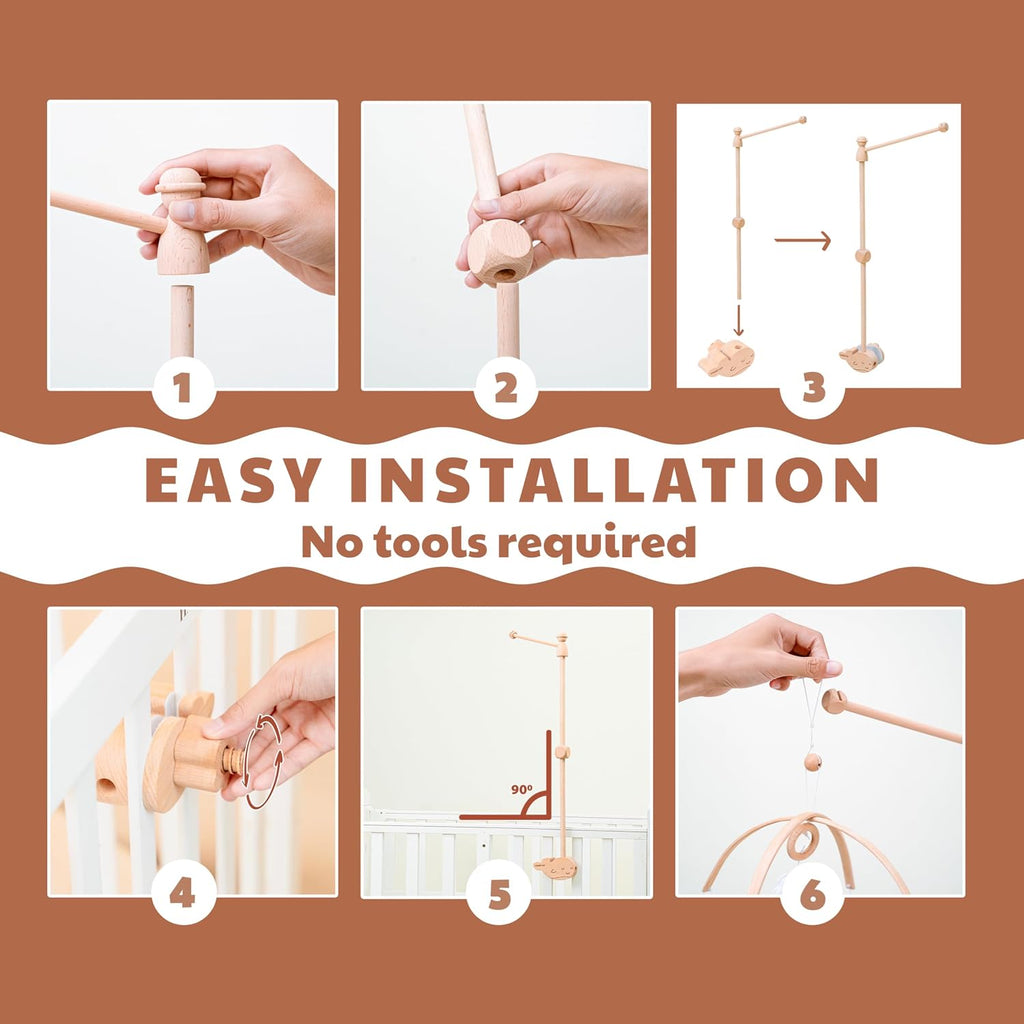 Wooden Baby Crib Mobile Arm, 31 Inch, Solid Beech Wood, 360° Rotatable, Whale Design, Adjustable, Anti-Slip, Mobile