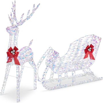 Lighted Christmas 4ft Reindeer & Sleigh Holiday Outdoor Yard Decoration Set w/ 205 LED Lights, Stakes, Zip Ties