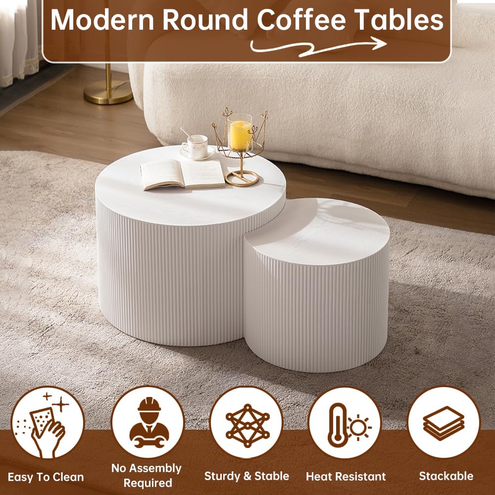 18" White Round Fluted Nesting Coffee Set of 2 (Cream Small)