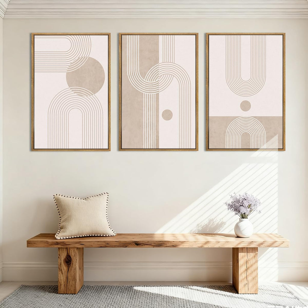 Extra Large Neutral Boho Abstract Canvas Wall Art Set of 3 Framed Mid Century Modern Wall Decor Beige Geometric Line