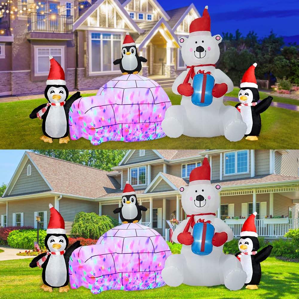 Christmas Inflatable Decoration, 10FT Polar Bear Snowball Igloo Lighted Blow Up Christmas Decorations Outdoor with