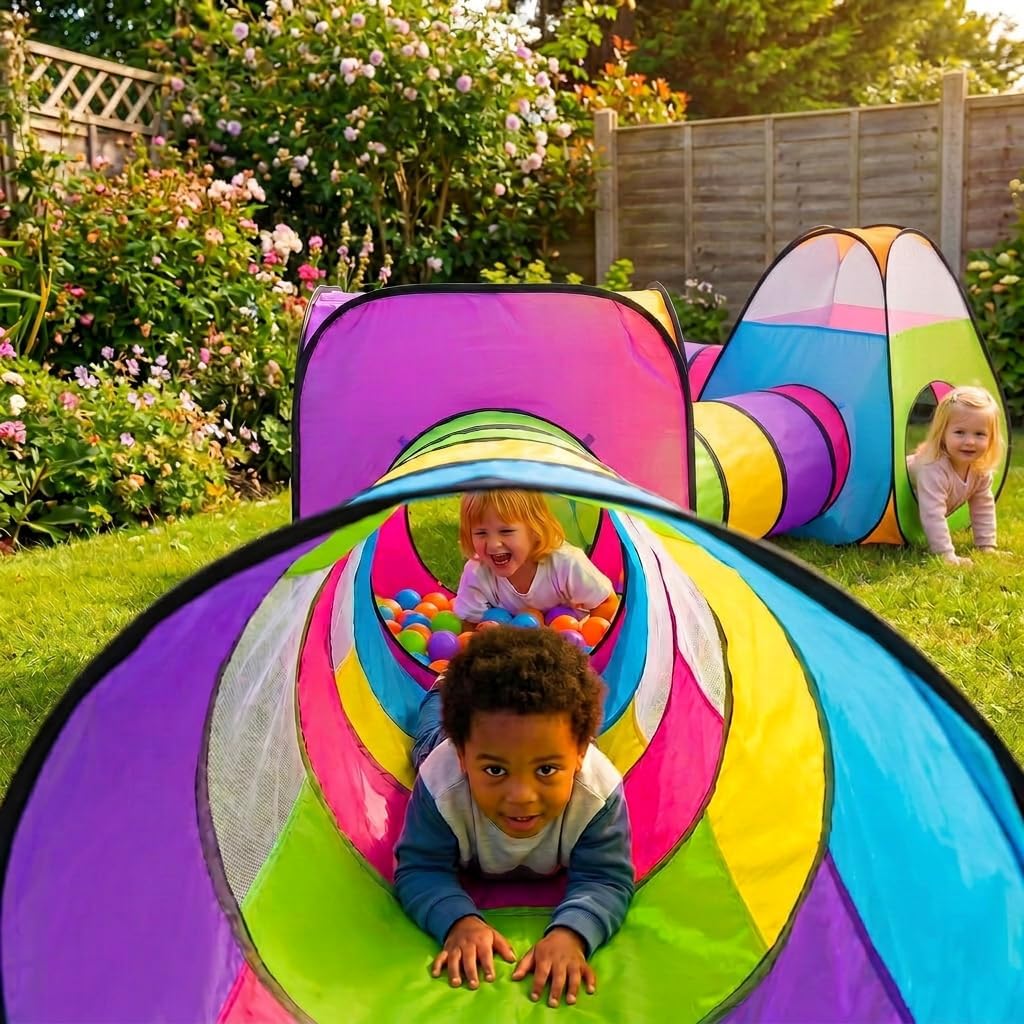 4pc Pop Up Children Play Tent : 2 Crawl Tunnel + 2 Tents : Kids Tents for Boys, Girls, Babies & Toddlers for Indoor &