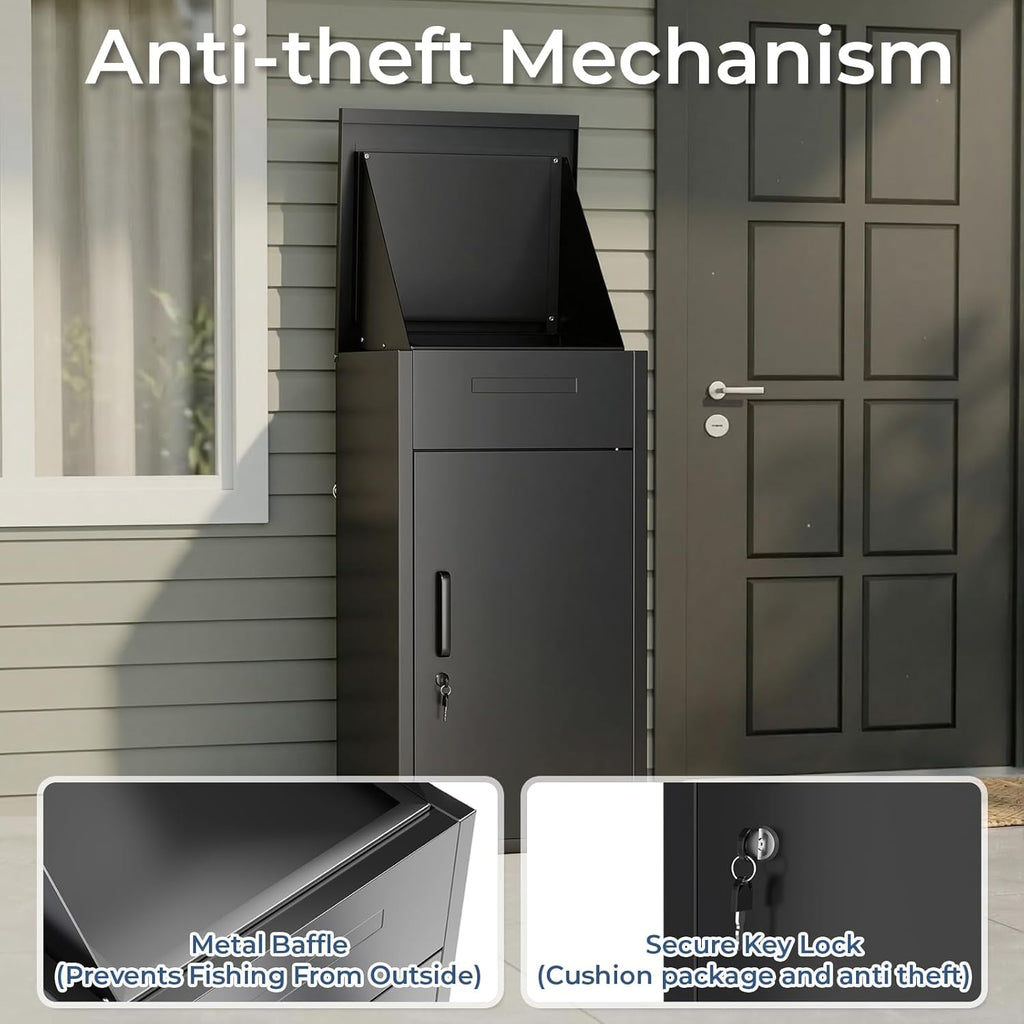 Package Delivery Box Theft Parcel Drop Box with Mailbox Waterproof Weather Resistant Full Metal Frame (Black