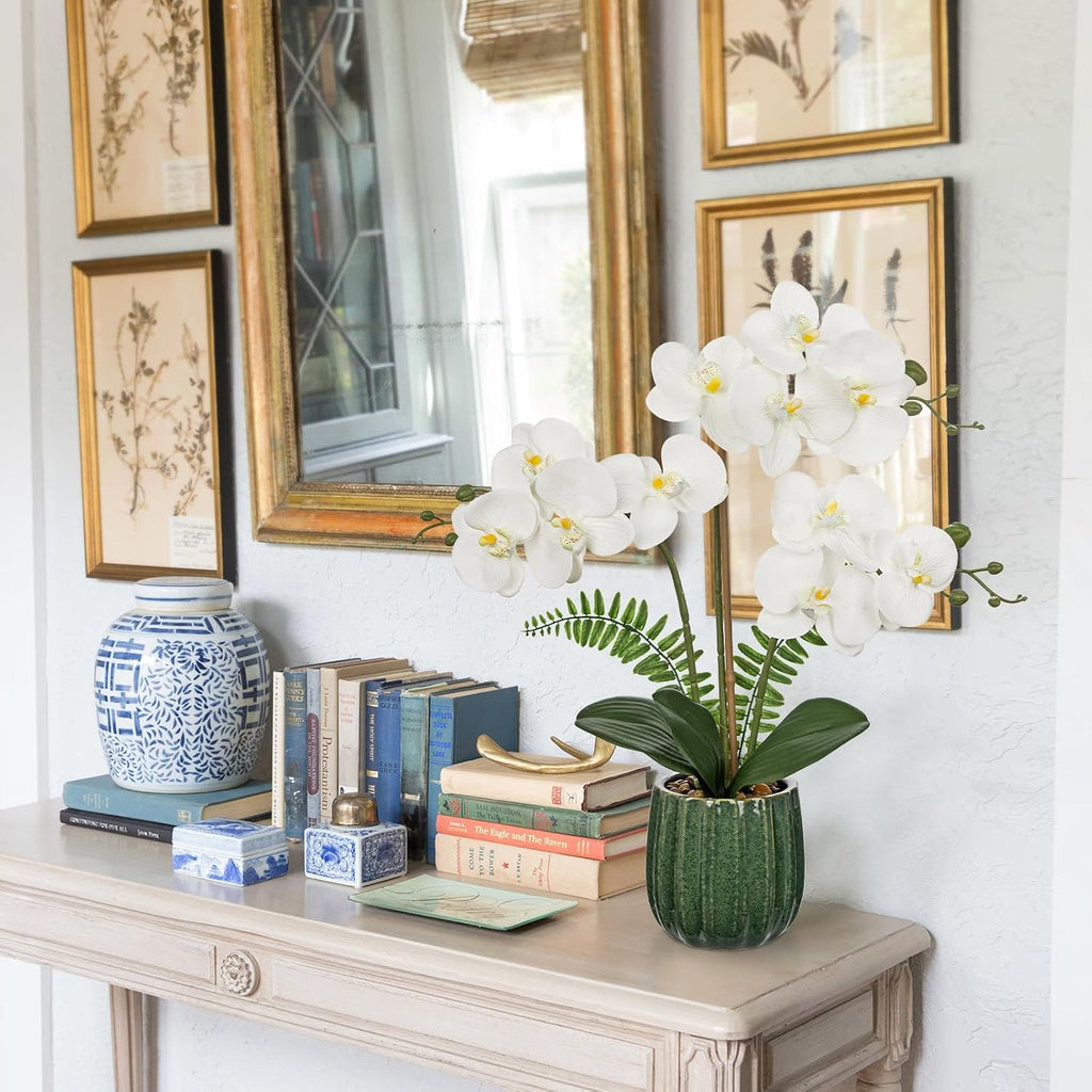 White Orchid Artificial Flowers in Ribbed Green Ceramic Pot, 18.9in Silk Orchid Fake Flower Real Touch Phalaenopsis