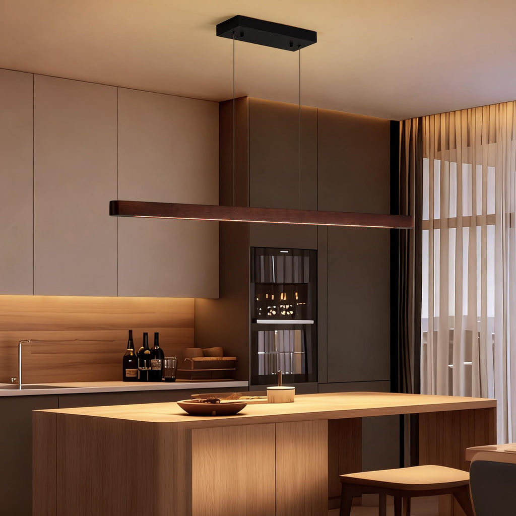 43" Wood Linear Pendant Light, Dimmable Kitchen Island Lighting with Remote, 24W LED Hanging Pendant Light