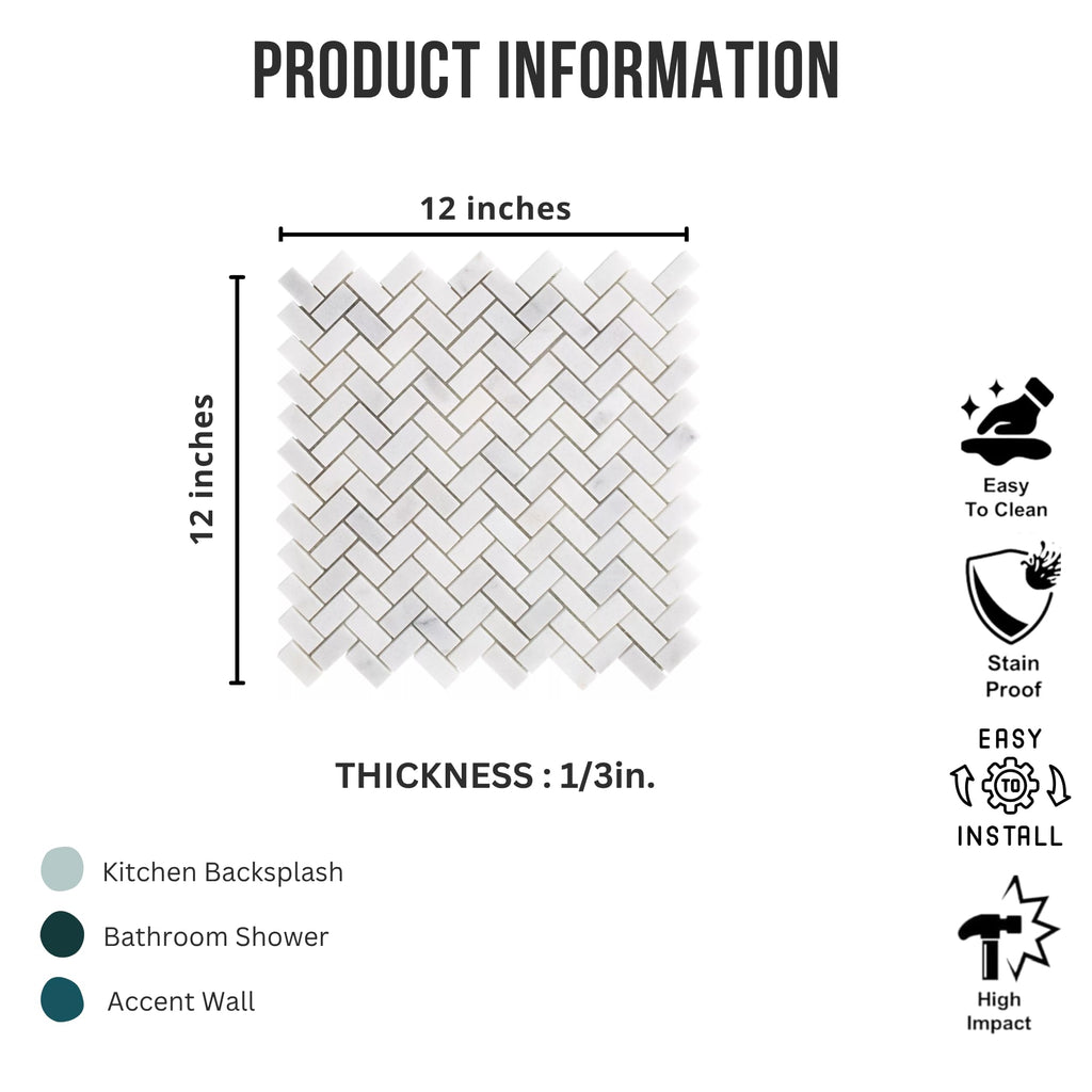 Bianco Herringbone Honed Marble Mosaic Tile 12x12 in Backsplash Bathroom Wall Shower Floor Fireplace Accent Natural