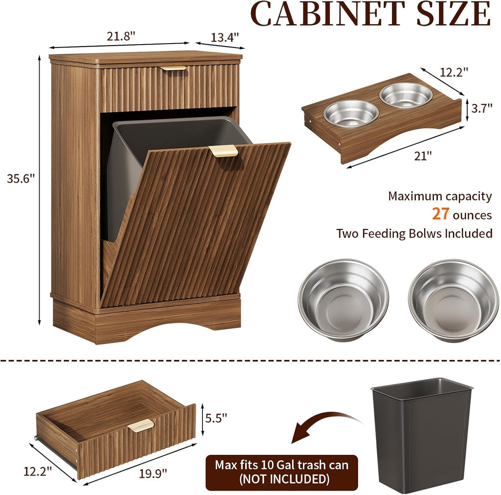 Tilt-Out Trash Cabinet with Dog Feeding Station, Pet Food Storage, Walnut