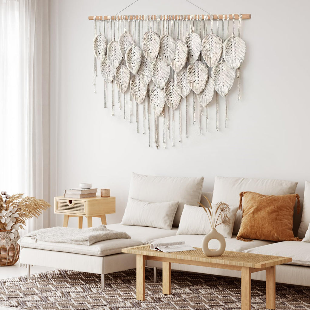 Macrame Wall Hanging Boho Beige Leaf Tapestry Wall Art Home Decor