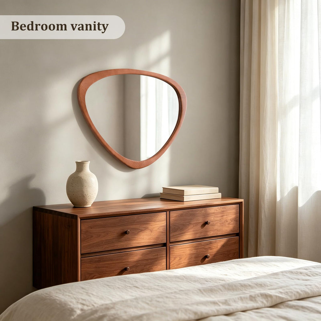25 x 20 Asymmetrical Mirror, Irregular Wooden Wall Mirror - Boho Mid Century Modern Decorative, Solid Wood Frame