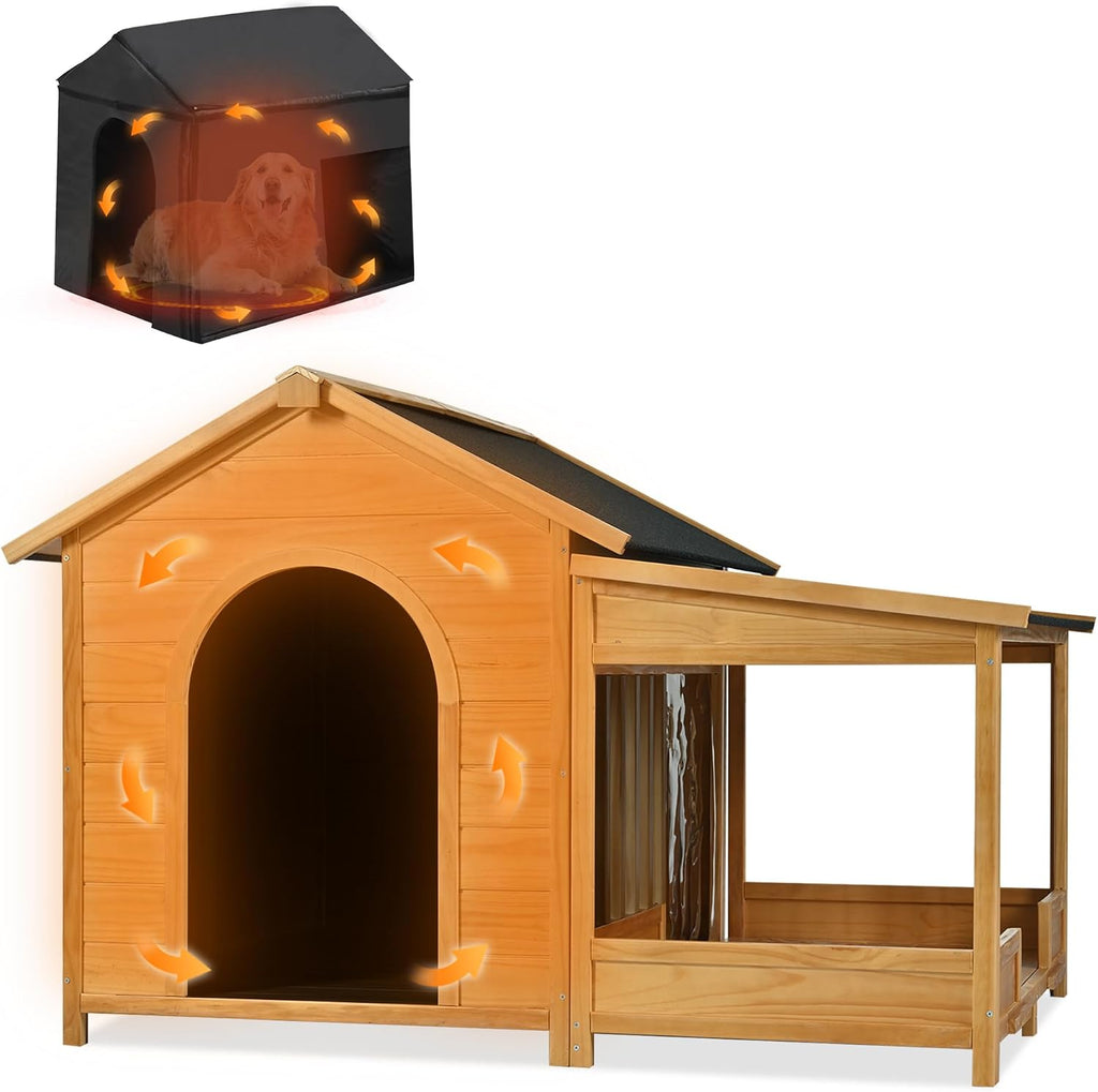 Outdoor Dog House with Insulated Liner, Wooden Kennel with Porch