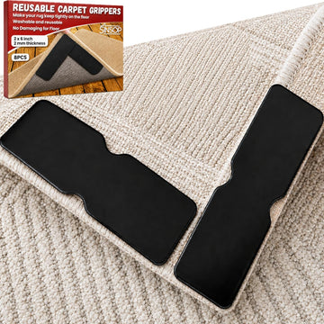 Rug Grippers for Hardwood Floors, No Damage Reusable Non Slip Rug Tape Pads, Washable Strong Adhesive Carpet Grippers - Set of 8