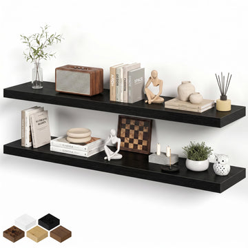 48 Inch Floating Shelves for Wall 8 Inch Deep Black Shelves Set of 2, Wall Mounted Rustic Wood Long Floating Shelf