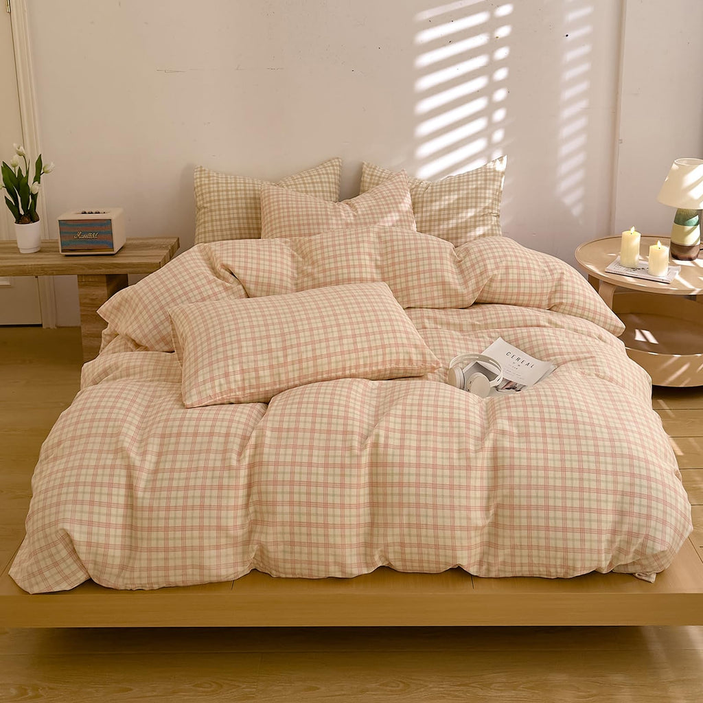 Pink Plaid Gingham Duvet Cover Set Queen, Muslin Cotton Lightweight Soft Bedding Set, Plaid Checkered Pattern Bedding