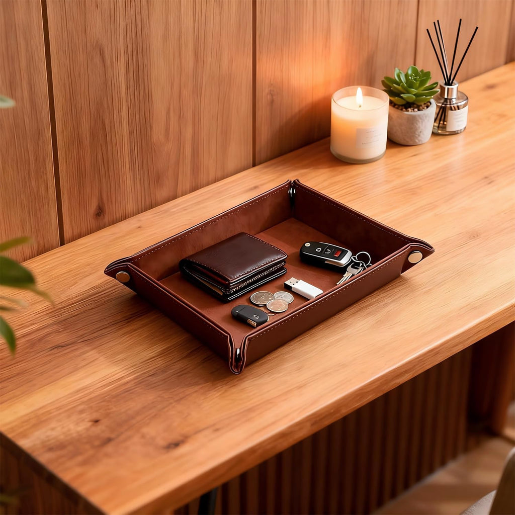 Leather Valet Tray Organizer, Catchall Tray, Desktop Storage for Keys, Coins, Wallet, Phone, Jewelry | Multi-Use