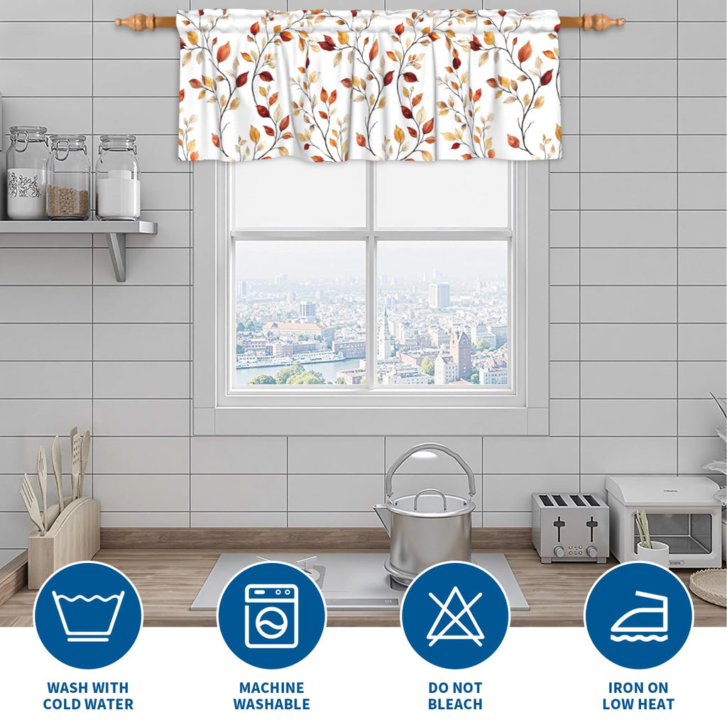 Fall Valances for Windows Brown Eucalyptus Leaves Print Kitchen Curtain Farmhouse Rustic Widow Valance with Rod