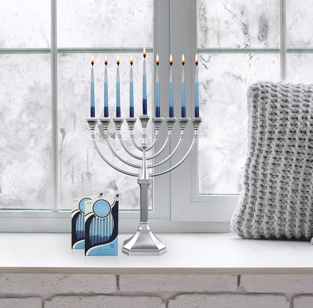 Traditional Classic Hanukkah - 9.5" Tall Graceful Style Candle Minorah Precision Die Cast Non Tarnish (Satin Silver)